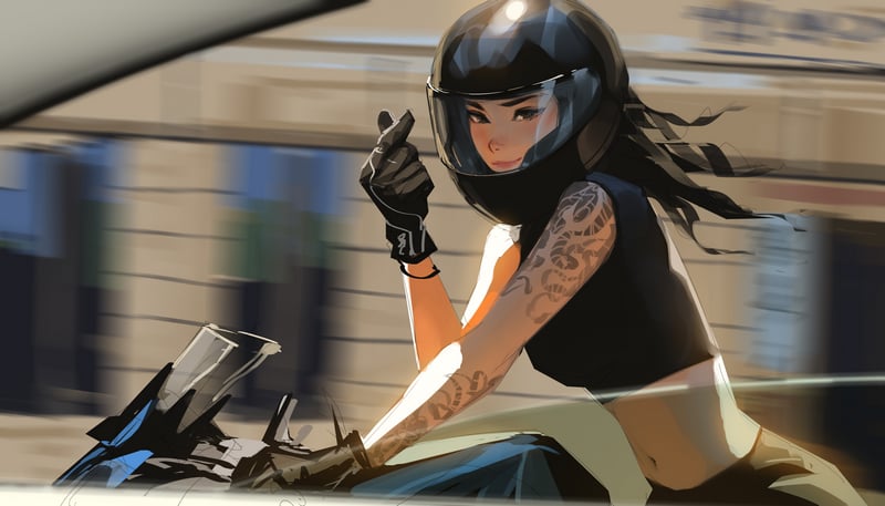 Woman riding a motorcycle with tattoos
