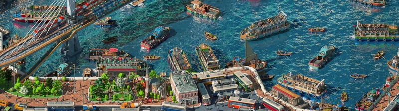 Low poly cityscape of Istanbul harbor with boats and buses