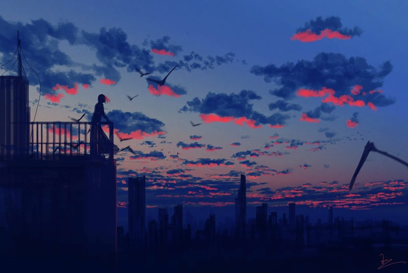 Silhouette of a person on a balcony overlooking a city at sunset