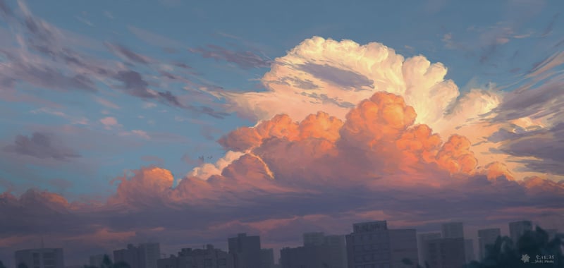 Digital art of clouds over a city at sunset