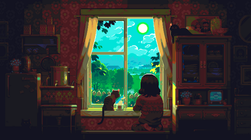 Scenery: Woman and cats by the window