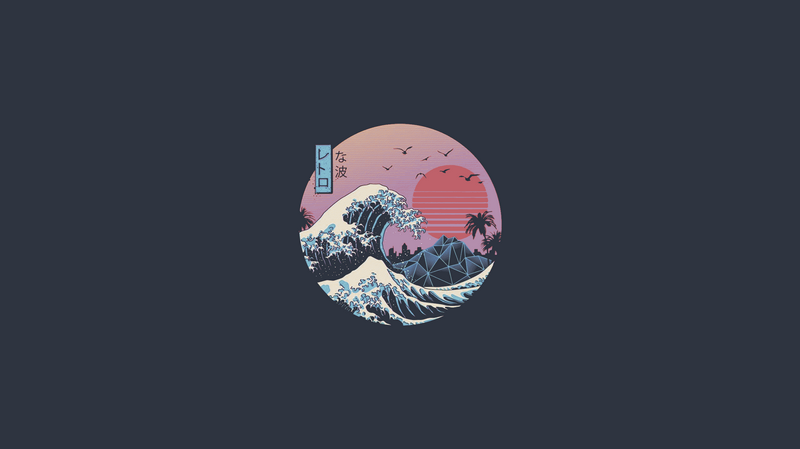 Retrowave Great Wave of Kanagawa with Sunset