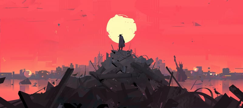 Man on pile of rubble overlooking ruined cityscape