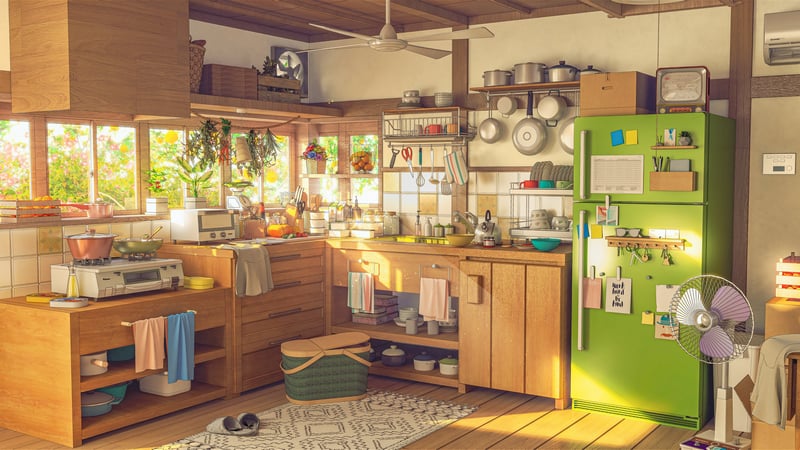 Cozy kitchen with wooden cabinets and green fridge