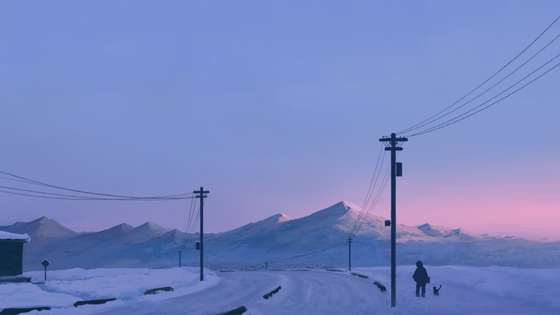Man and dog walk on snowy road with mountains