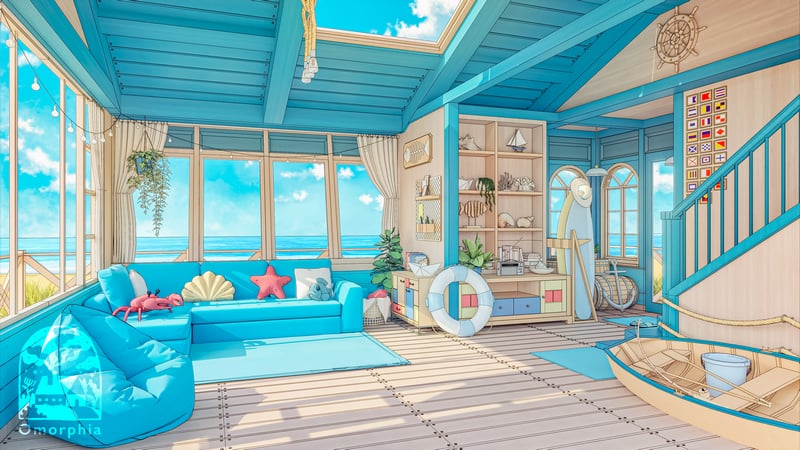 Boat interior with ocean view and beach decor