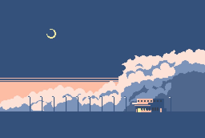 Pixel art factory emitting smoke under a crescent moon