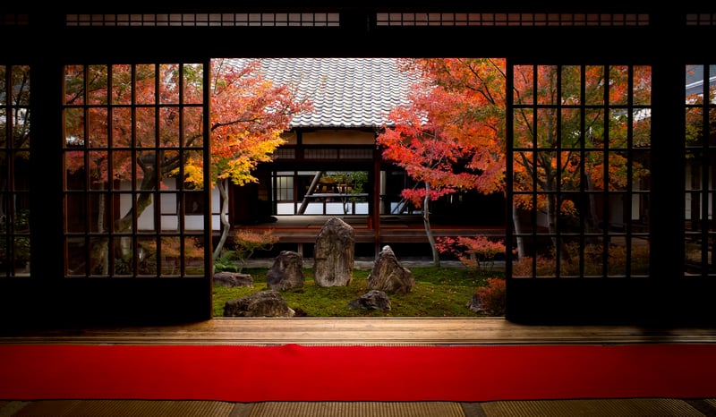 Japanese Garden with Autumn Foliage and Sliding Doors