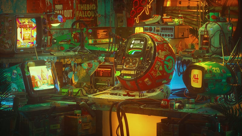 DefCon computer terminal with retro screens and wires