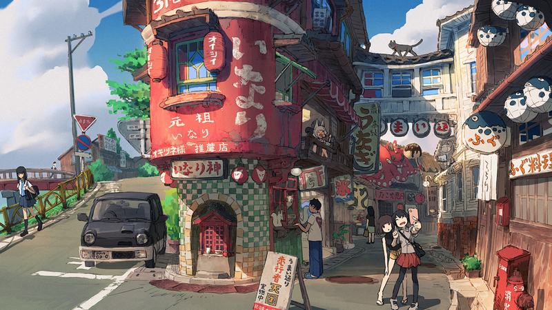 Anime girls and boys in a Japanese town with a car