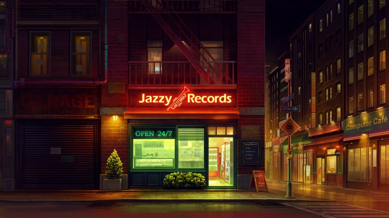 Jazzy Records store at night with neon lights