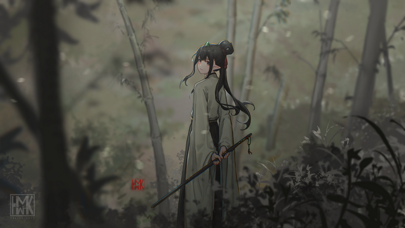 Anime girl with sword in bamboo forest