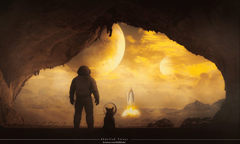 Astronaut and dog watch rocket launch on alien planet