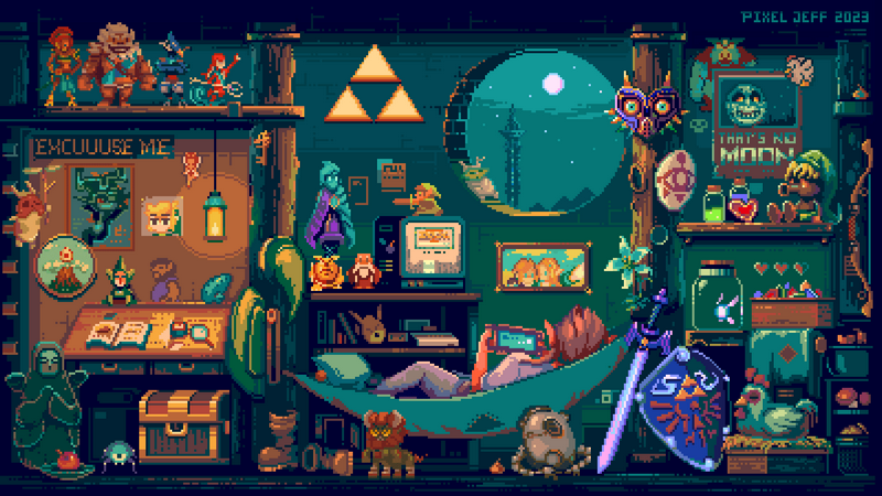 The Legend of Zelda pixel art room with Link and Majoras Mask