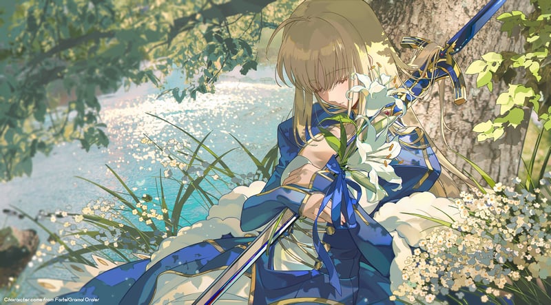 Artoria Pendragon holding lilies and sword