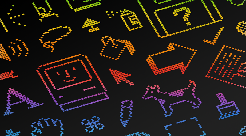 Pixel art icons with gradient on dark background