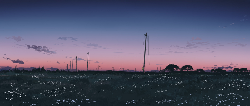 Scenery of a field with power lines at dusk