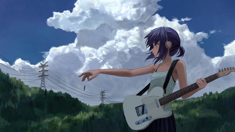 Anime girl with headphones and electric guitar