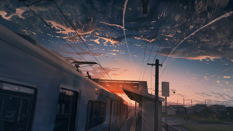 Train at a station during sunset with dramatic clouds