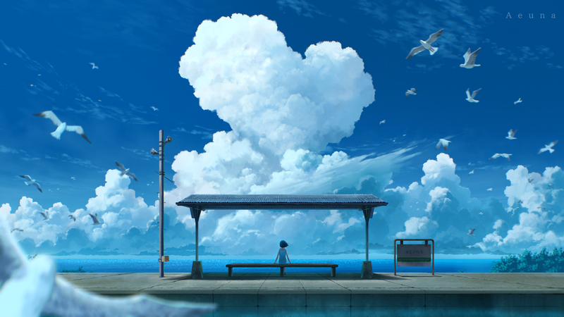 Girl at a bus stop with heart-shaped clouds and seagulls