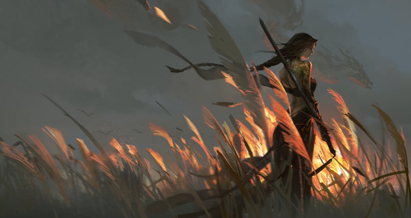 Woman with staff in a field of grass at sunset