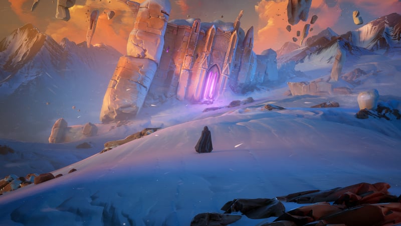 Figure approaches glowing portal in snowy mountain ruins