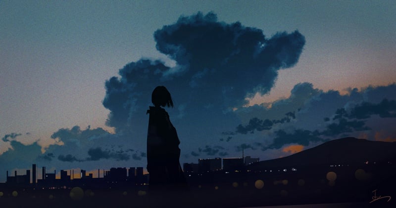 Woman standing at dusk with city and clouds silhouette