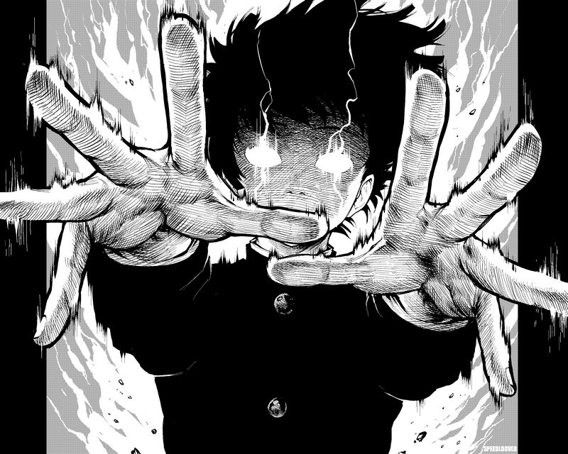 Mob Psycho 100 anime boy with glowing eyes and hands outstretched