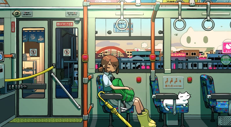 Anime girl sleeping on a train with a cat