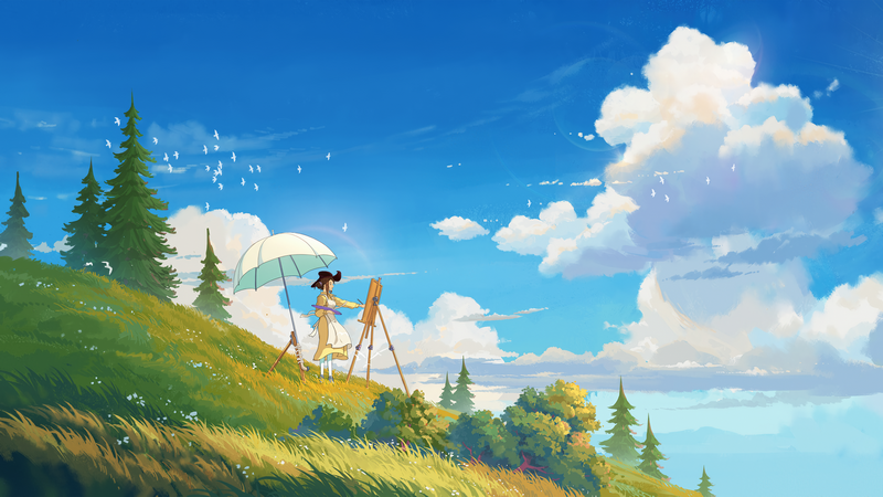 Anime girl painting a landscape on a grassy hill