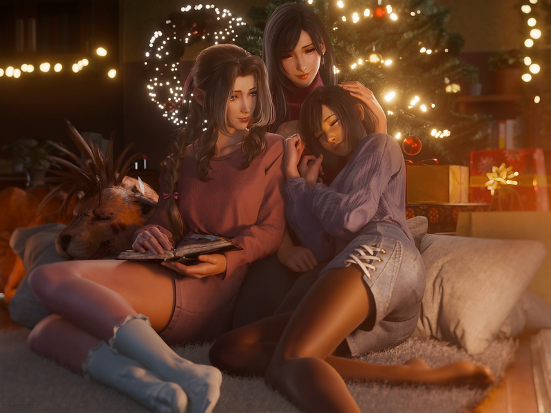 Aerith, Tifa, and Yuffie celebrating Christmas
