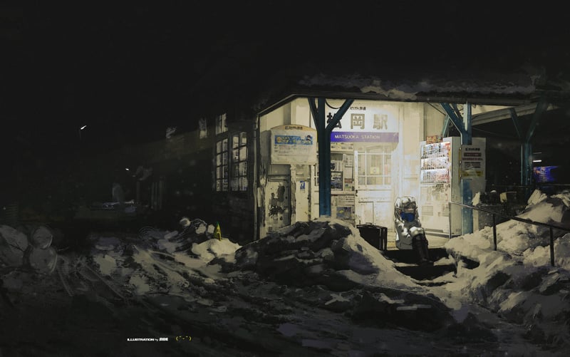 Frieren at a snowy train station at night