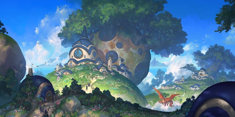 Fantasy village built around a giant tree with a dragon flying