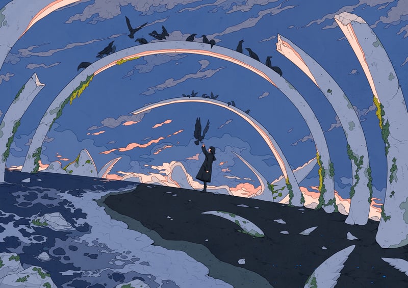 Woman with birds under bone arches at dusk