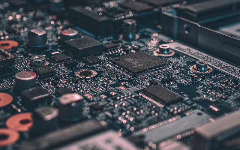 Close-up of a computer motherboard with microchips