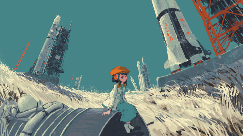 Anime girl and rockets on a lunar landscape