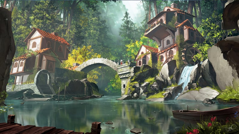Boat on a river near a village with a bridge