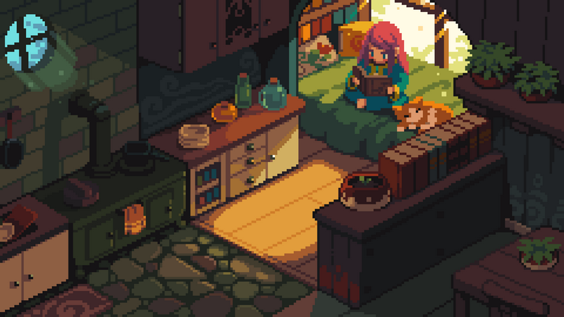 Pixel art interior with books, a girl reading, and a cat