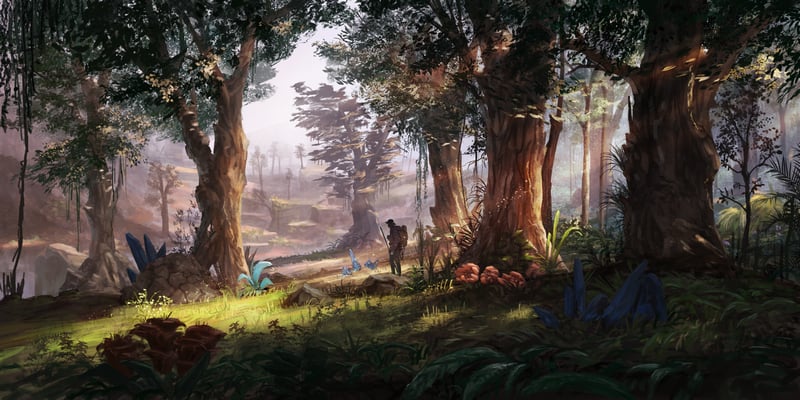 Hunter walks through an alien forest with strange plants