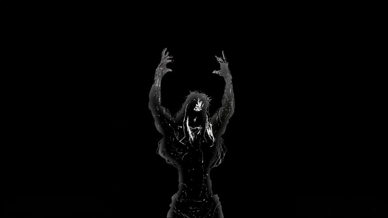 A dark figure with long hair and arms raised