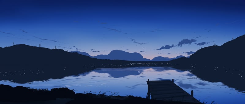 Twilight lake with a wooden dock and distant town lights
