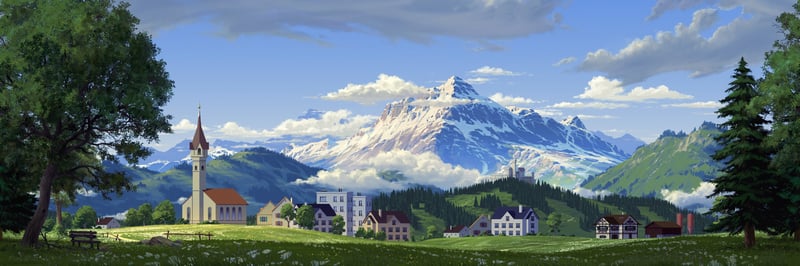 Digital painting of a mountain village with snow-capped peaks