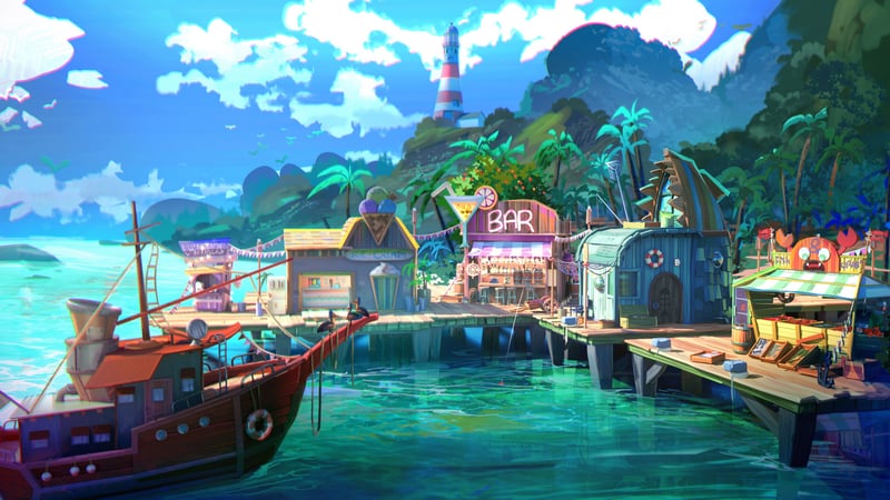Scenery of a harbor with a boat and buildings