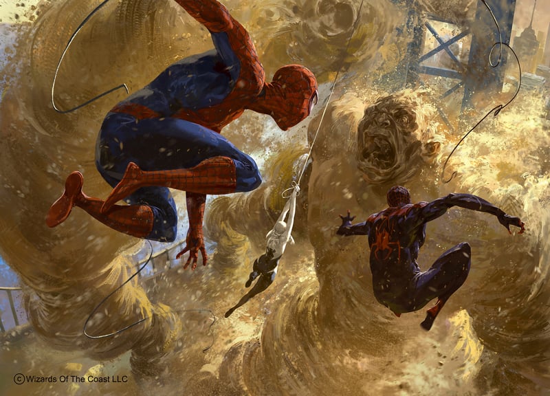 Spider-Man, Gwen Stacy, Miles Morales, and Sandman in battle