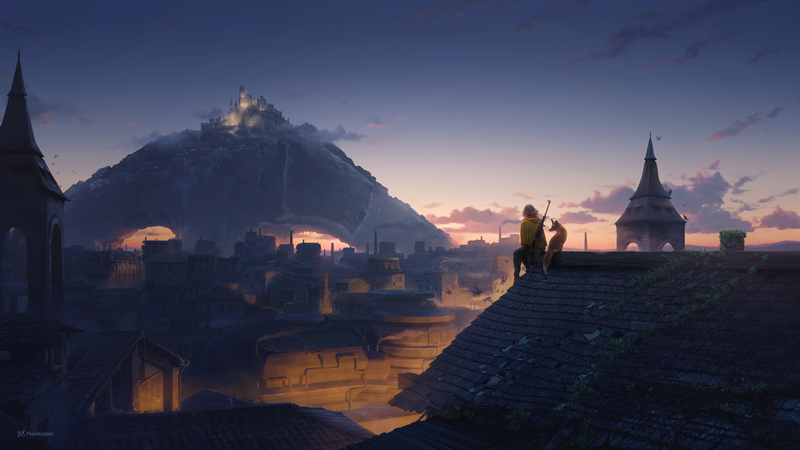 Man and dog on rooftop overlooking city and mountains at dusk