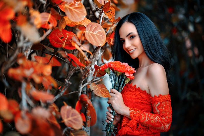 4K Woman with Black Hair and Red Outfit