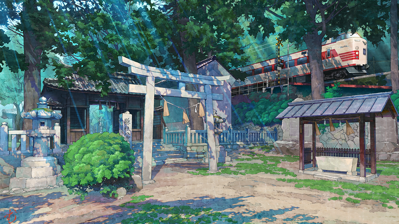 Train passing by a Shinto shrine in Japan