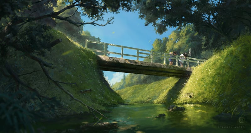Anime characters on a bridge over a stream in nature