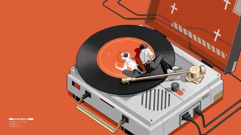 Ikari Shinji and Kaworu Nagisa on a phonograph