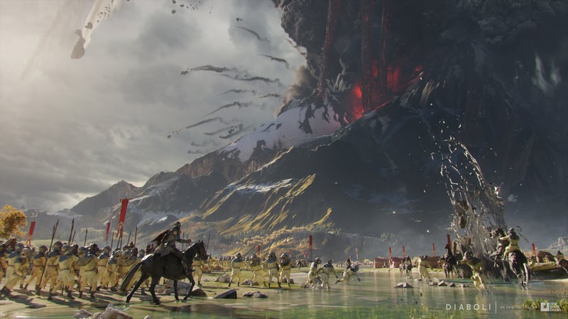 Army with flags near a smoking volcano